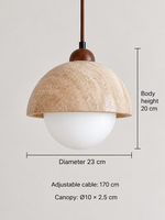 Travertine dome and white glass globe pendant — dimensions v1