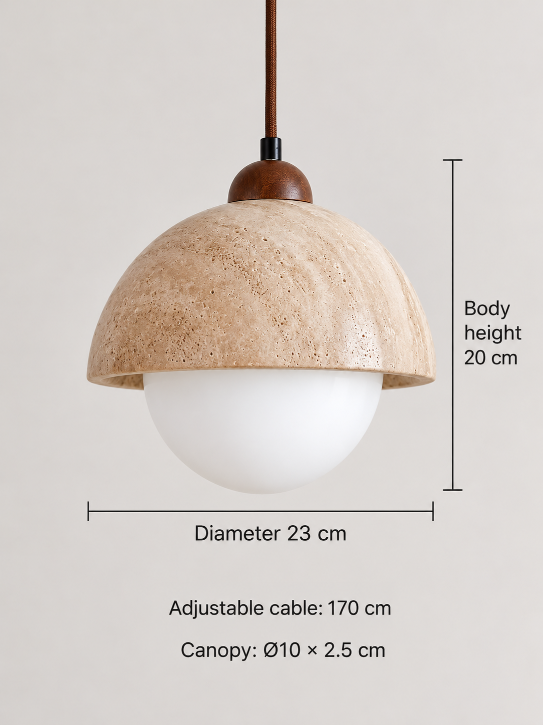 Travertine dome and white glass globe pendant — dimensions v1