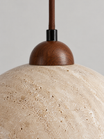 Travertine dome and white glass globe pendant — material detail v1