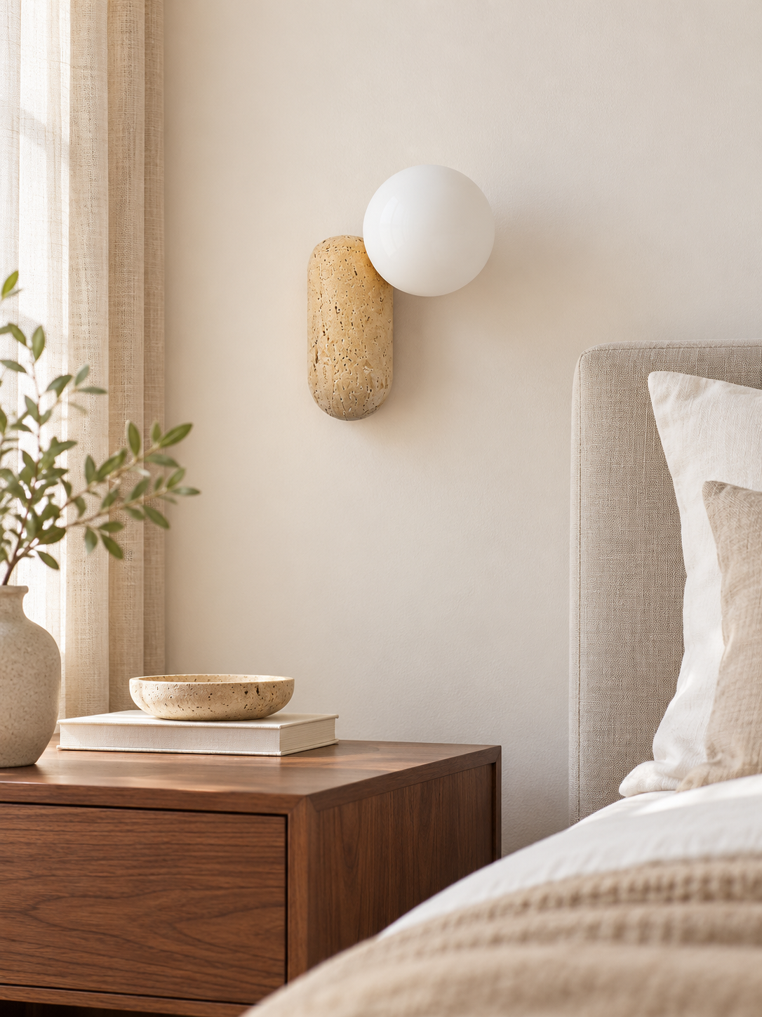 Travertine pill wall light with opal glass globe — bedside scene v1