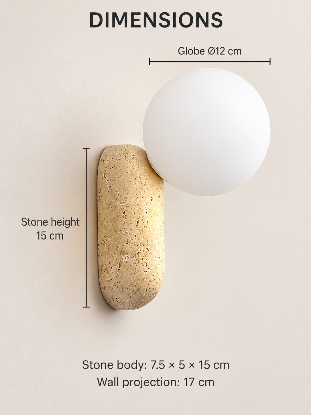 Travertine pill wall light with opal glass globe — dimensions v1