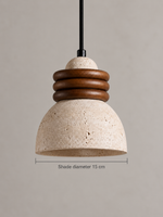 Travertine dome pendant with stacked wood rings — diameter v1