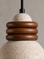 Travertine dome pendant with stacked wood rings — material detail v1