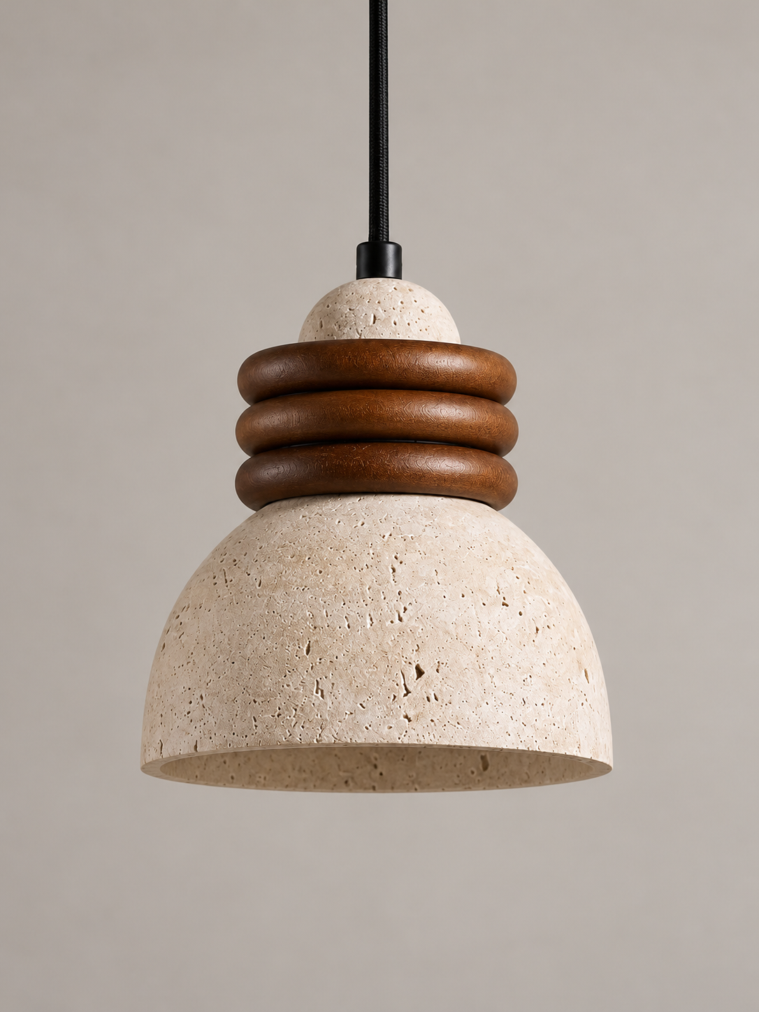 Travertine dome pendant with stacked wood rings — standard off v1