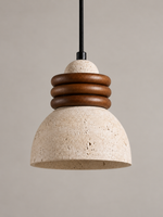 Travertine dome pendant with stacked wood rings — standard off v1