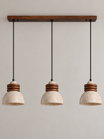 Travertine dome pendant with stacked wood rings — three head off v1