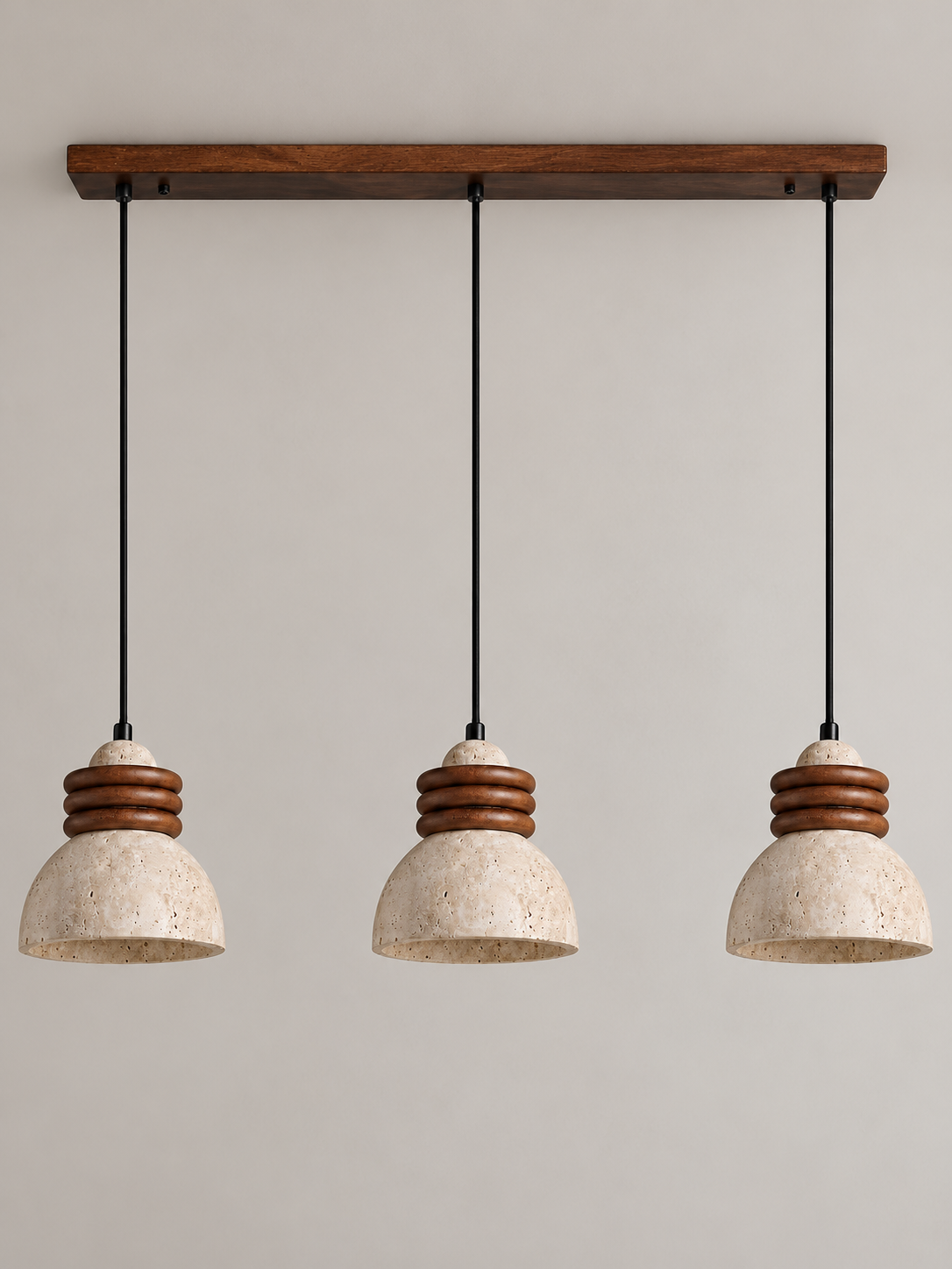 Travertine dome pendant with stacked wood rings — three head off v1