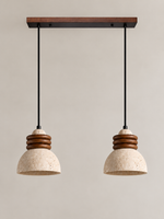 Travertine dome pendant with stacked wood rings — two head off v1