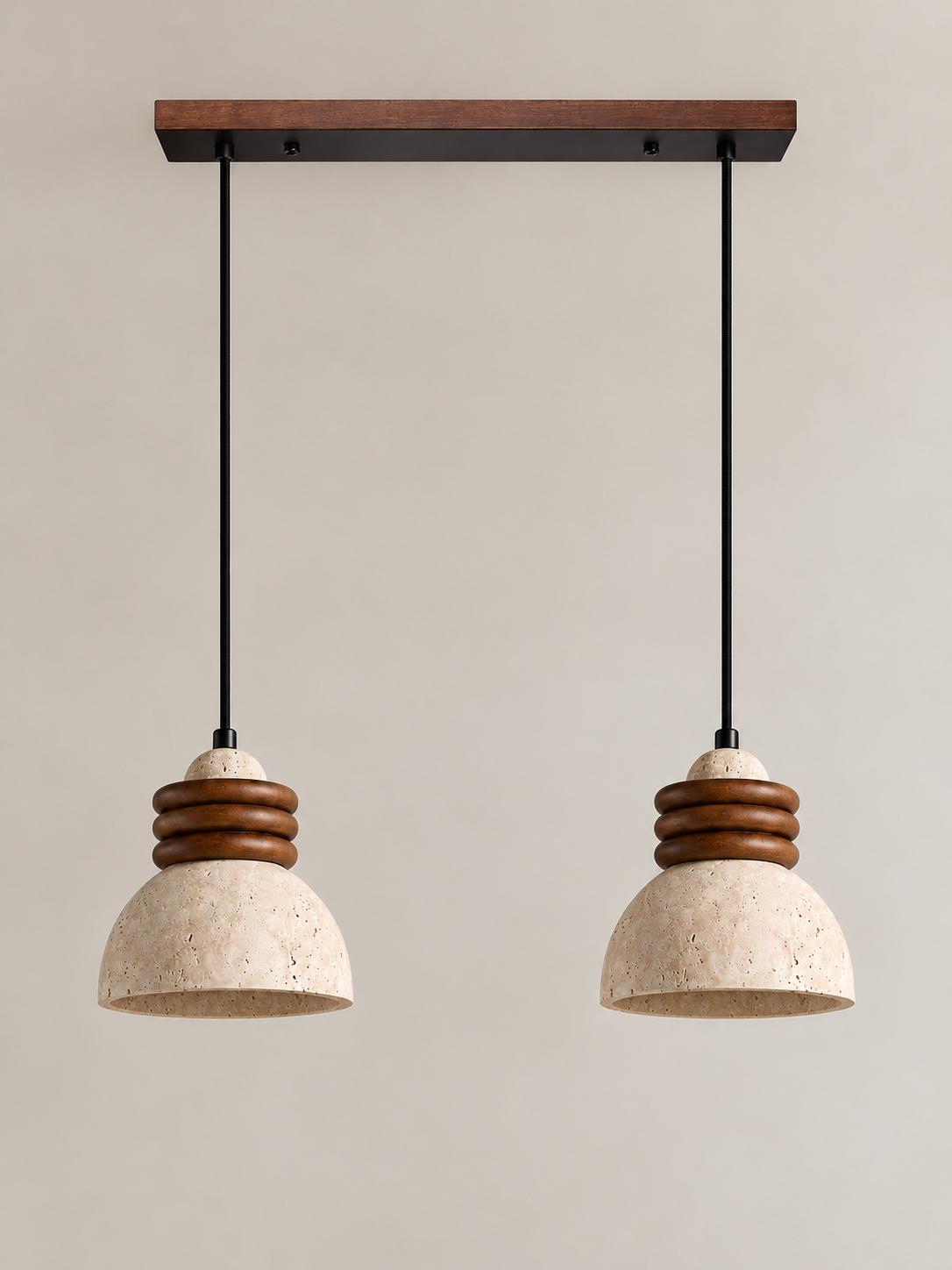 Travertine dome pendant with stacked wood rings — two head off v1