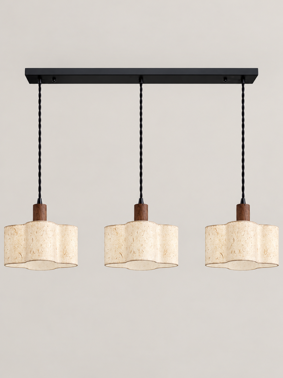 Scalloped Xuan paper and walnut pendant — three small off v1