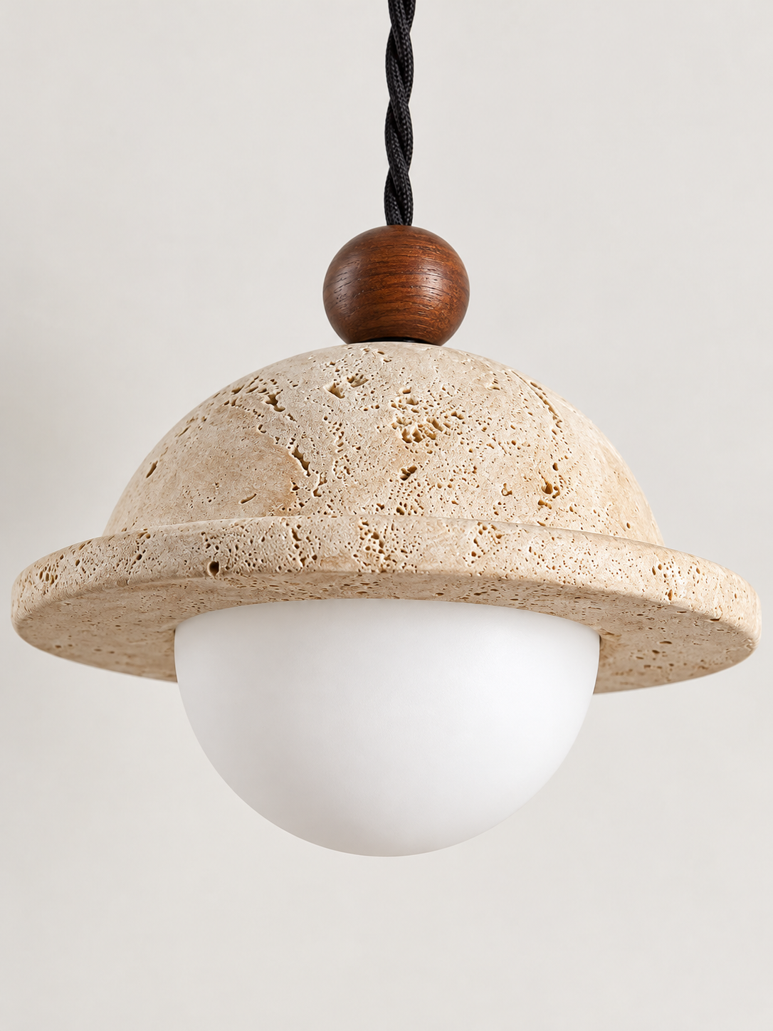 Brimmed travertine and glass pendant — detail