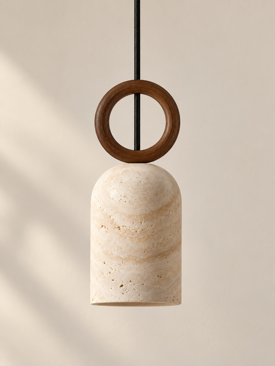 Single wood-ring travertine pendant — regular warm