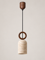 Single wood-ring travertine pendant — adjustable warm