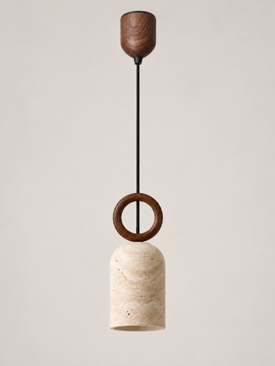 Single wood-ring travertine pendant — adjustable warm