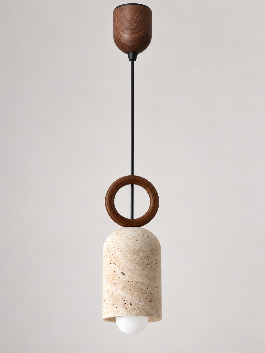 Single wood-ring travertine pendant — adjustable usb