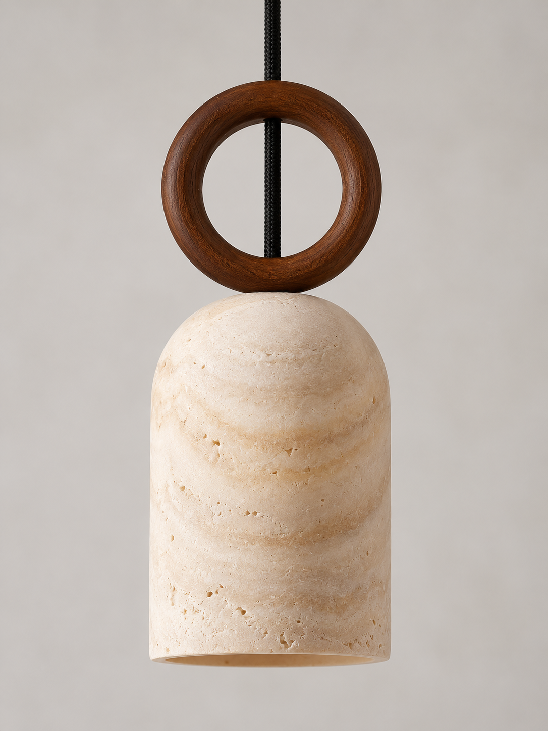 Single wood-ring travertine pendant — detail