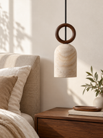 Single wood-ring travertine pendant — scene