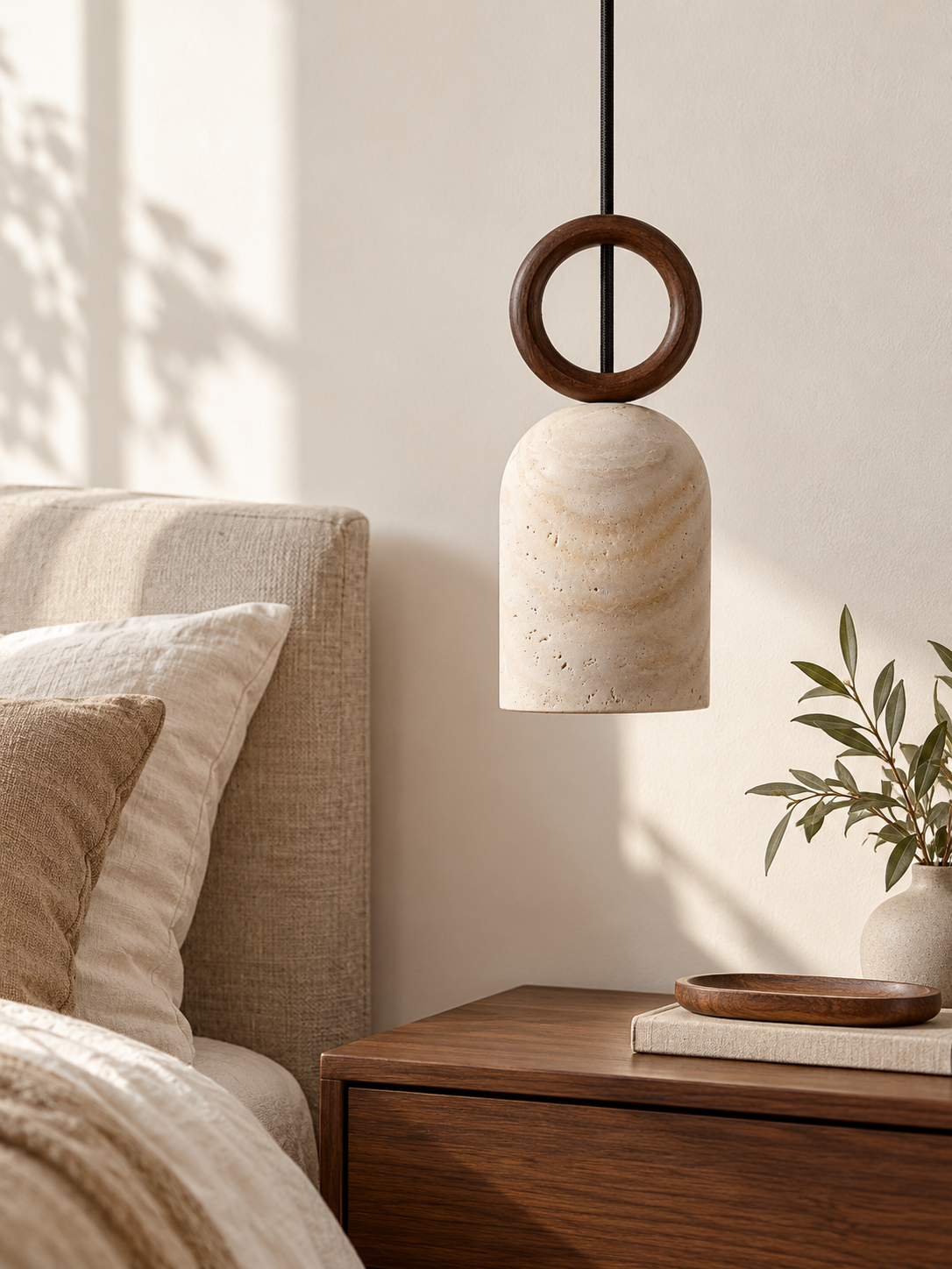 Single wood-ring travertine pendant — scene