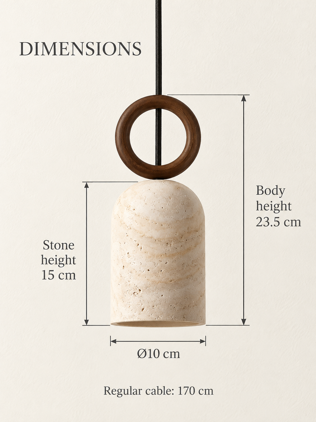 Single wood-ring travertine pendant — dimensions