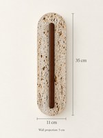 Perforated travertine LED wall light with central wood — dimensions