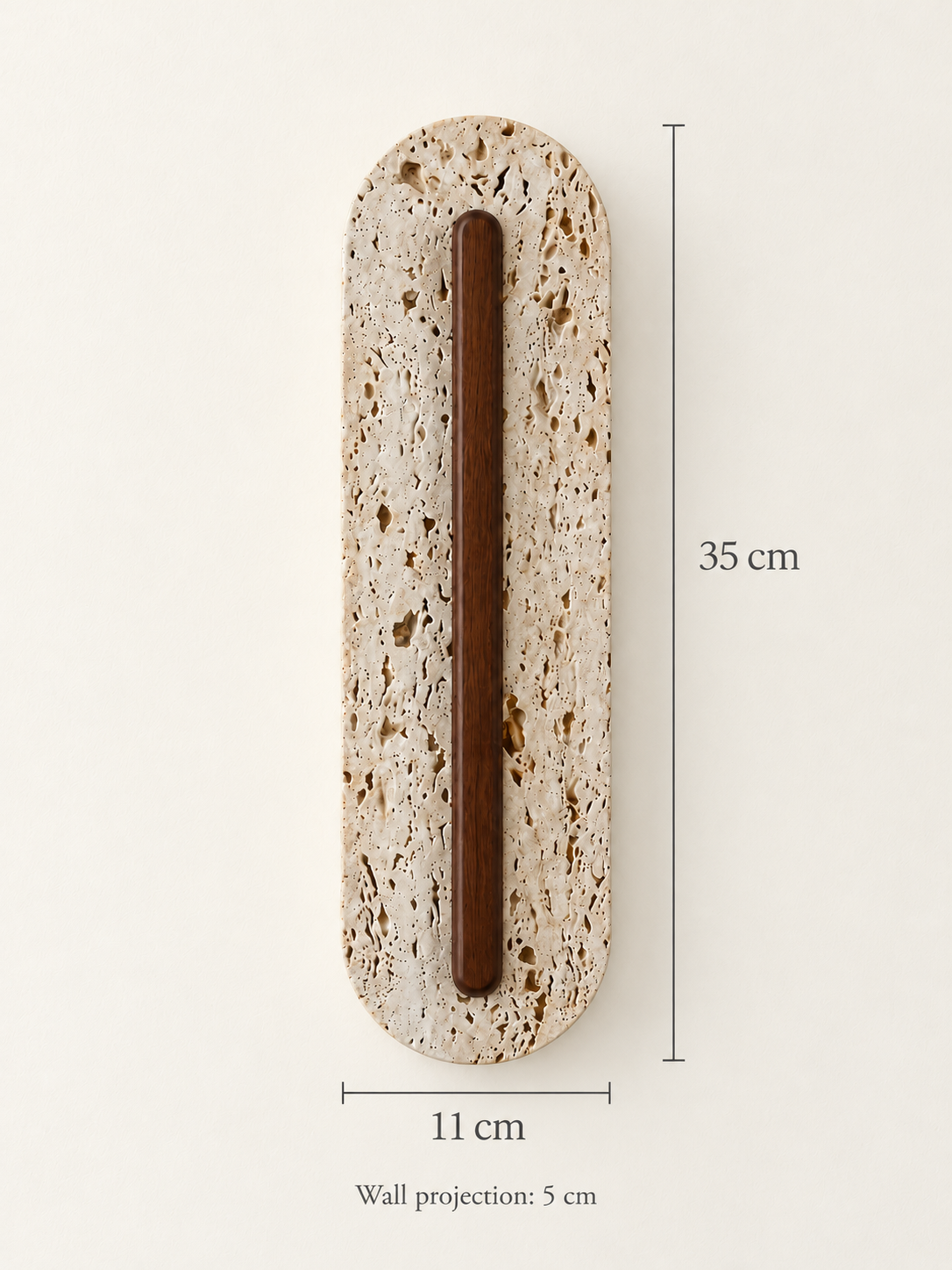 Perforated travertine LED wall light with central wood — dimensions