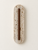 Perforated travertine LED wall light with central wood — front