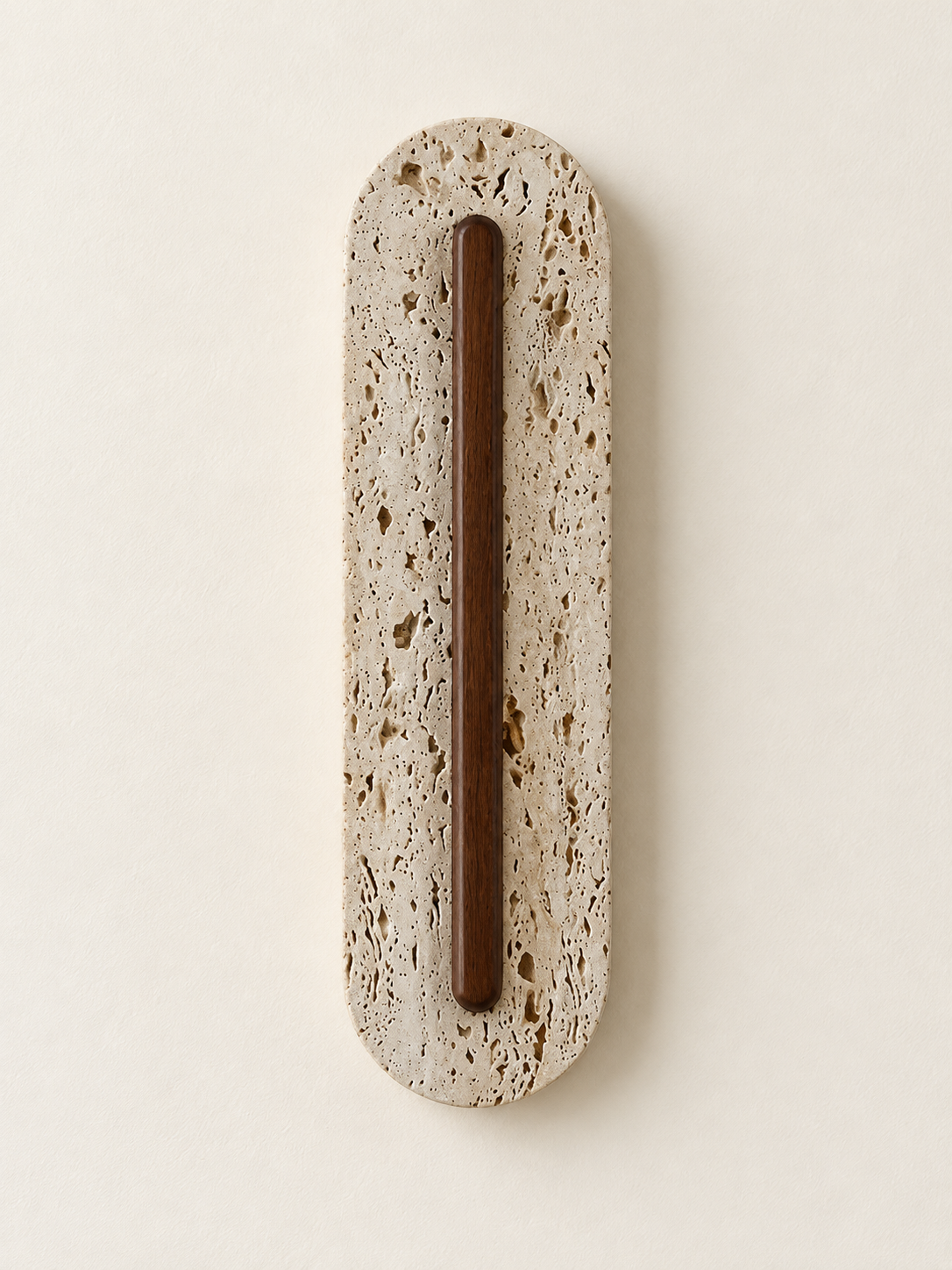 Perforated travertine LED wall light with central wood — hero