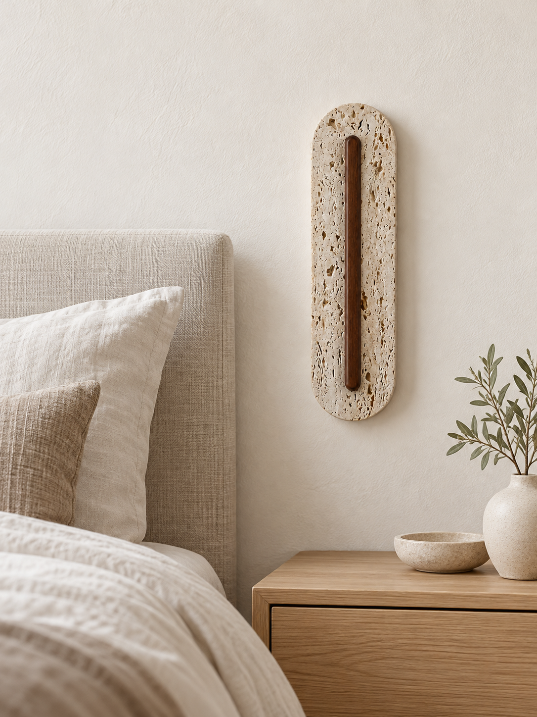 Perforated travertine LED wall light with central wood — scene