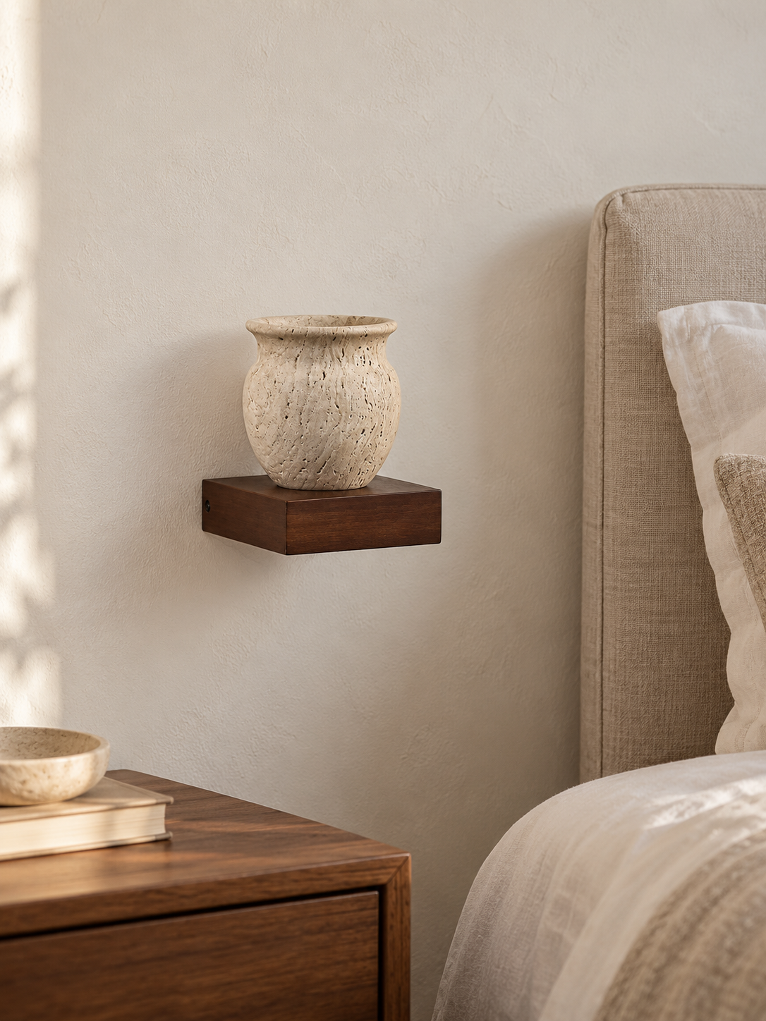 Travertine vase wall light with solid-wood support — bedside scene v1