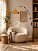 Walnut & Amber Color Bending Floor Lamp in a realistic interior scene, 3:4 portrait