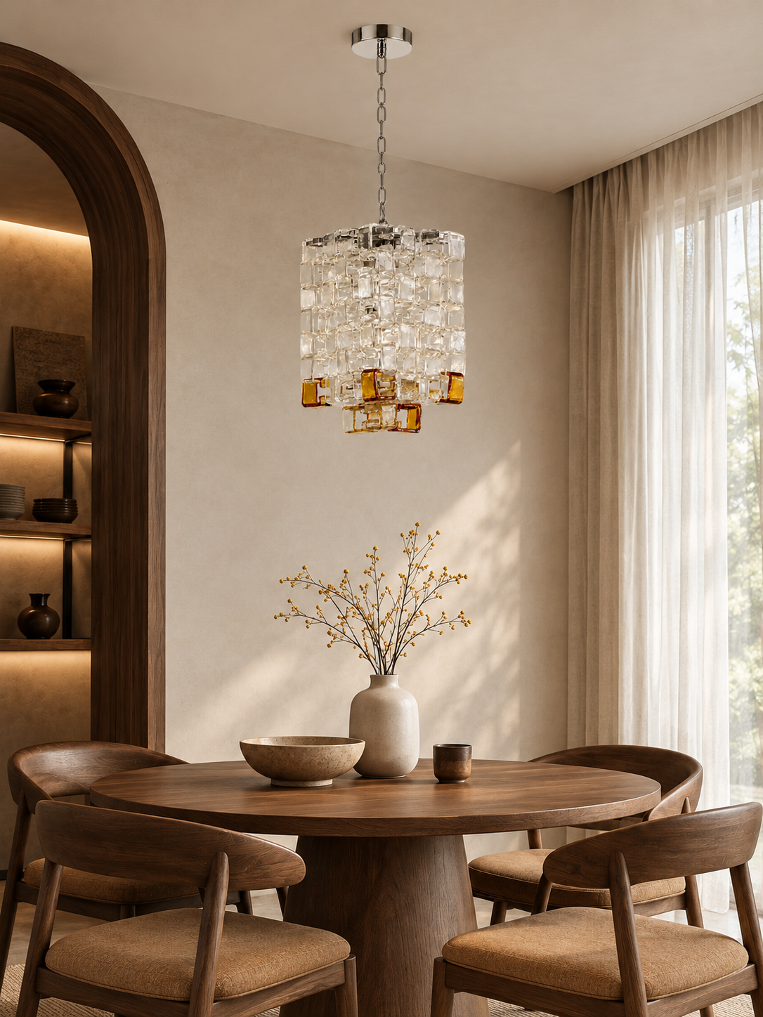 Murano Sugar Cube Glass Pendant Light in a realistic interior scene, 3:4 portrait