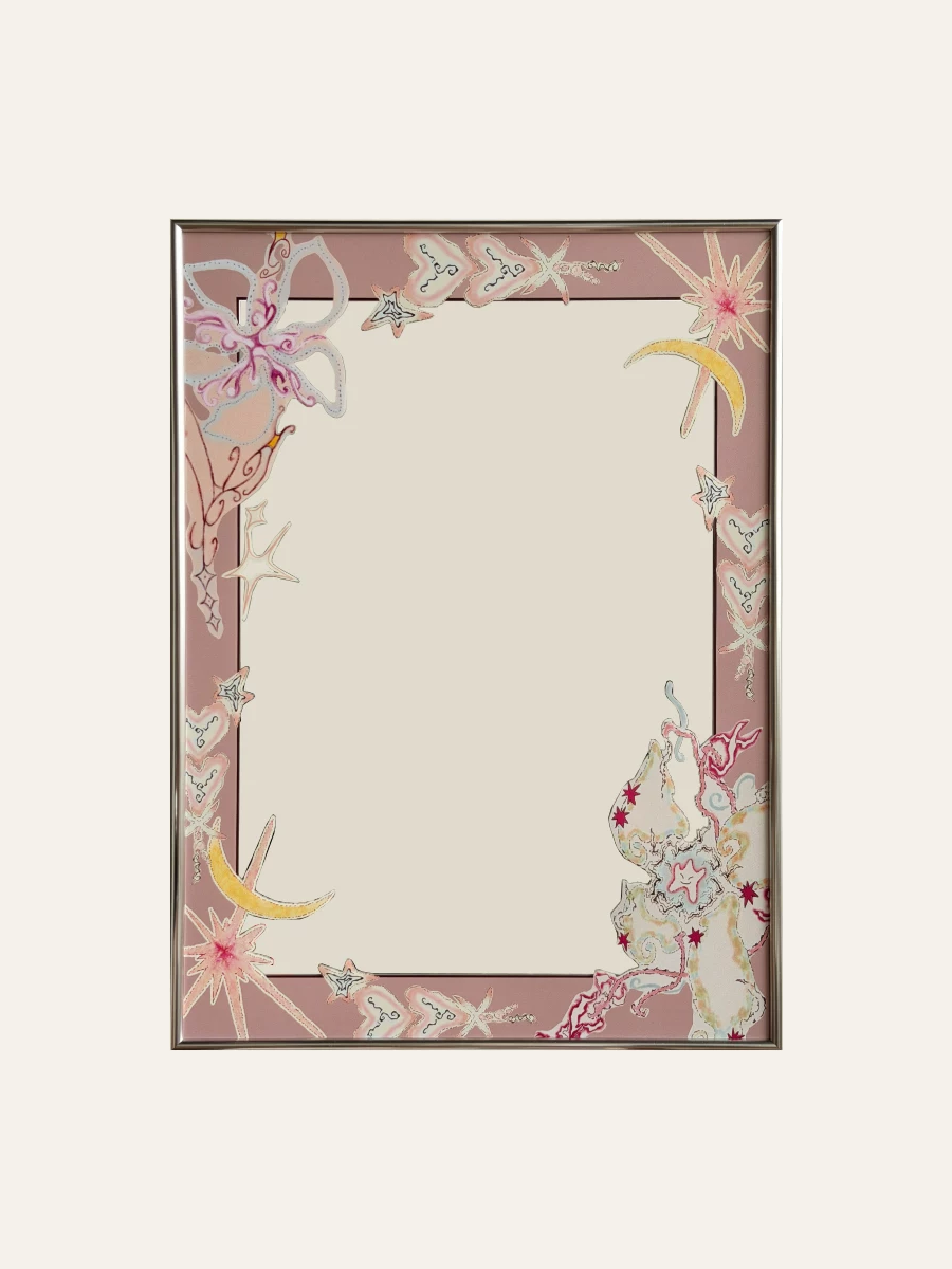 Pink floral crescent moon mirror — hero