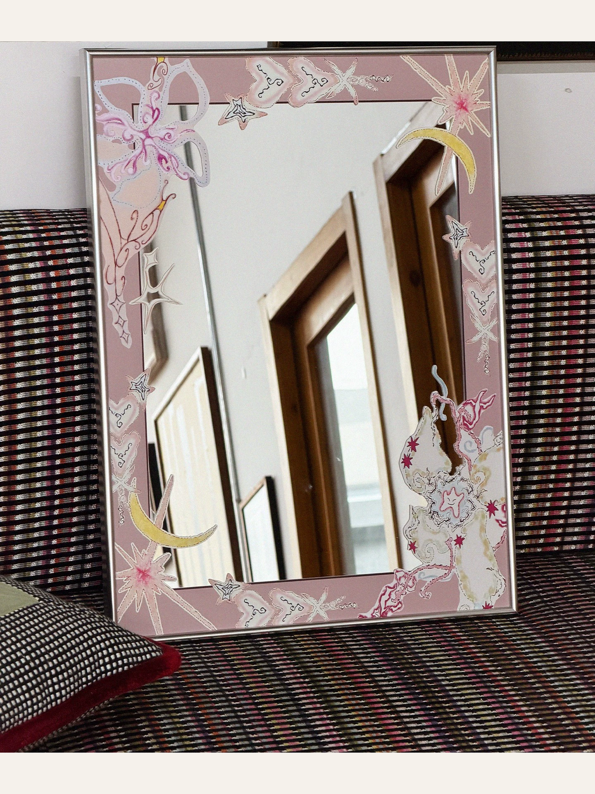 Pink floral crescent moon mirror — scene
