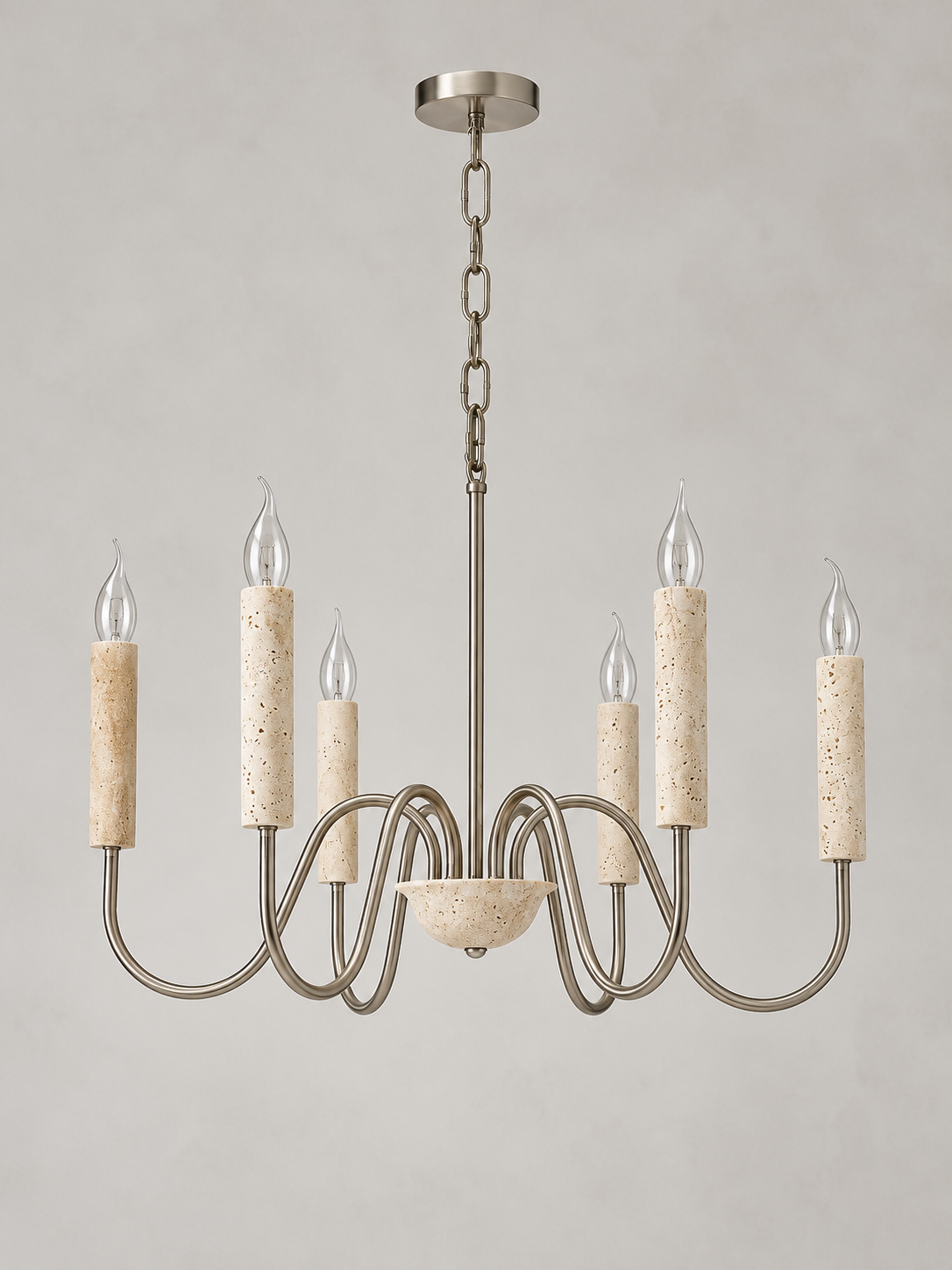 Travertine Candle Chandelier with Nickel-Finish Arms — 6 lights