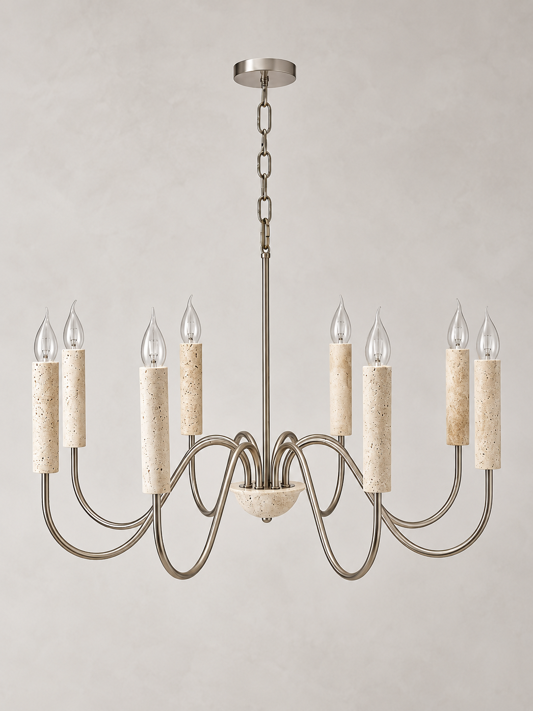 Travertine Candle Chandelier with Nickel-Finish Arms — 8 lights