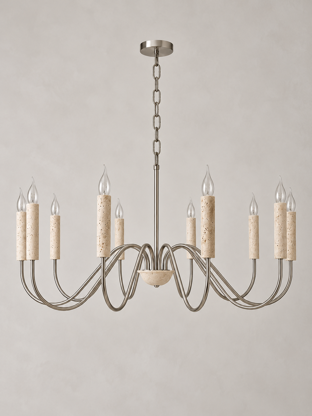 Travertine Candle Chandelier with Nickel-Finish Arms — 10 lights