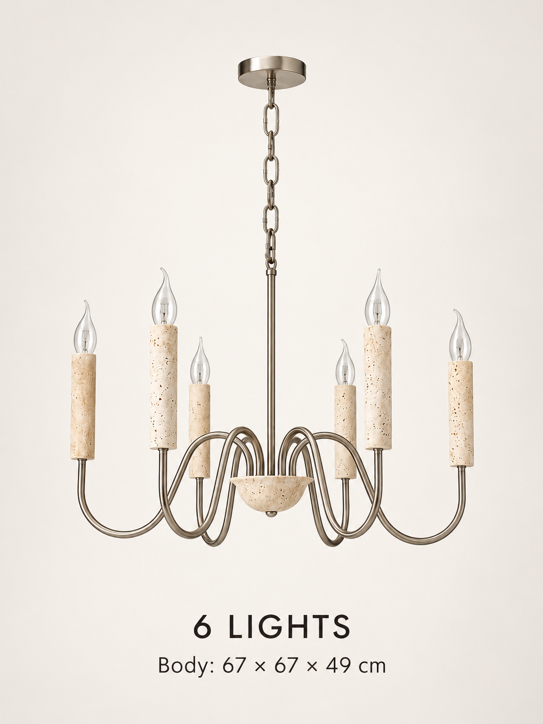 Travertine Candle Chandelier with Nickel-Finish Arms — dimensions and material detail