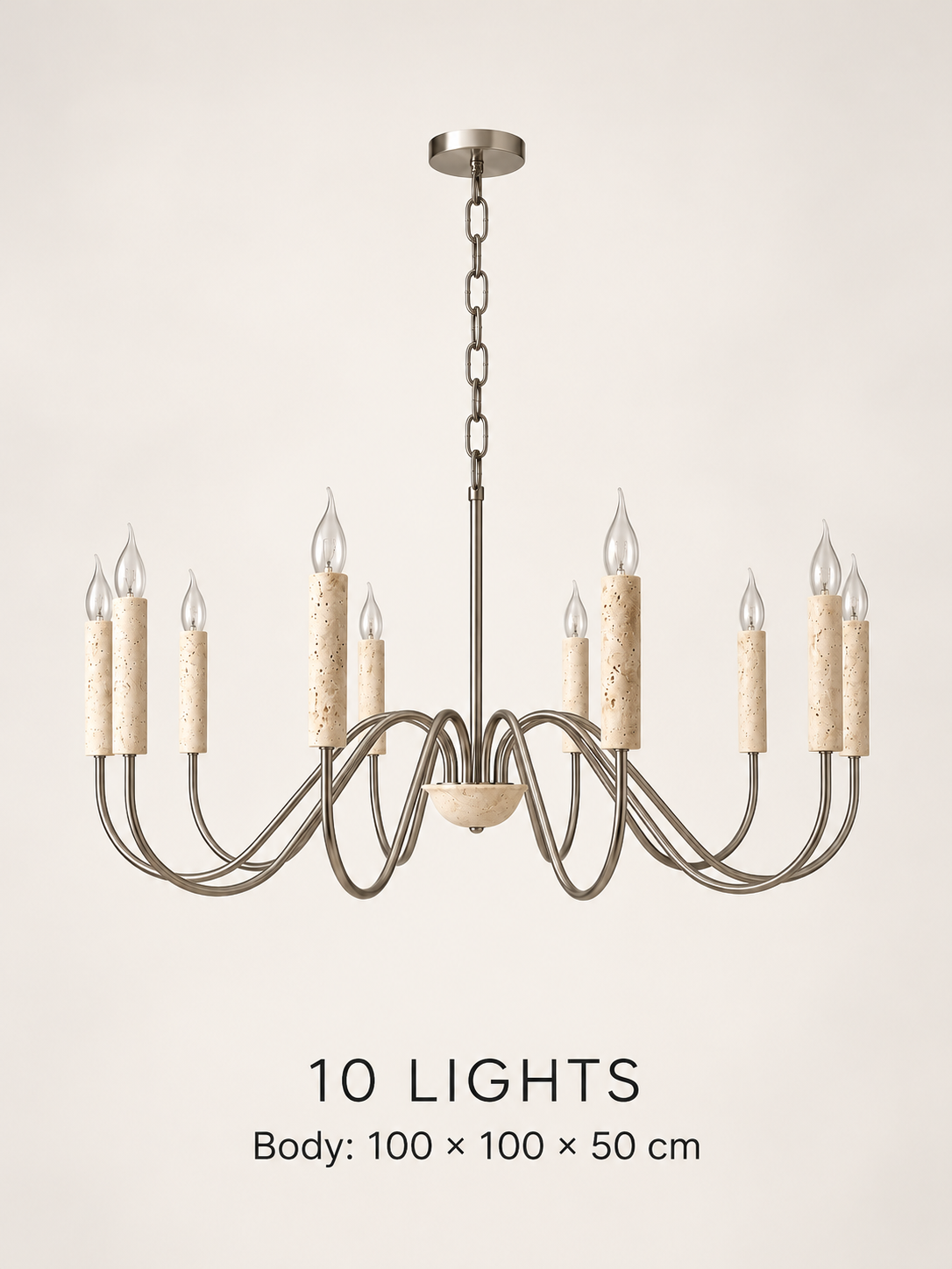 Travertine Candle Chandelier with Nickel-Finish Arms — dimensions and material detail