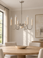 Travertine Candle Chandelier with Nickel-Finish Arms — dimensions and material detail