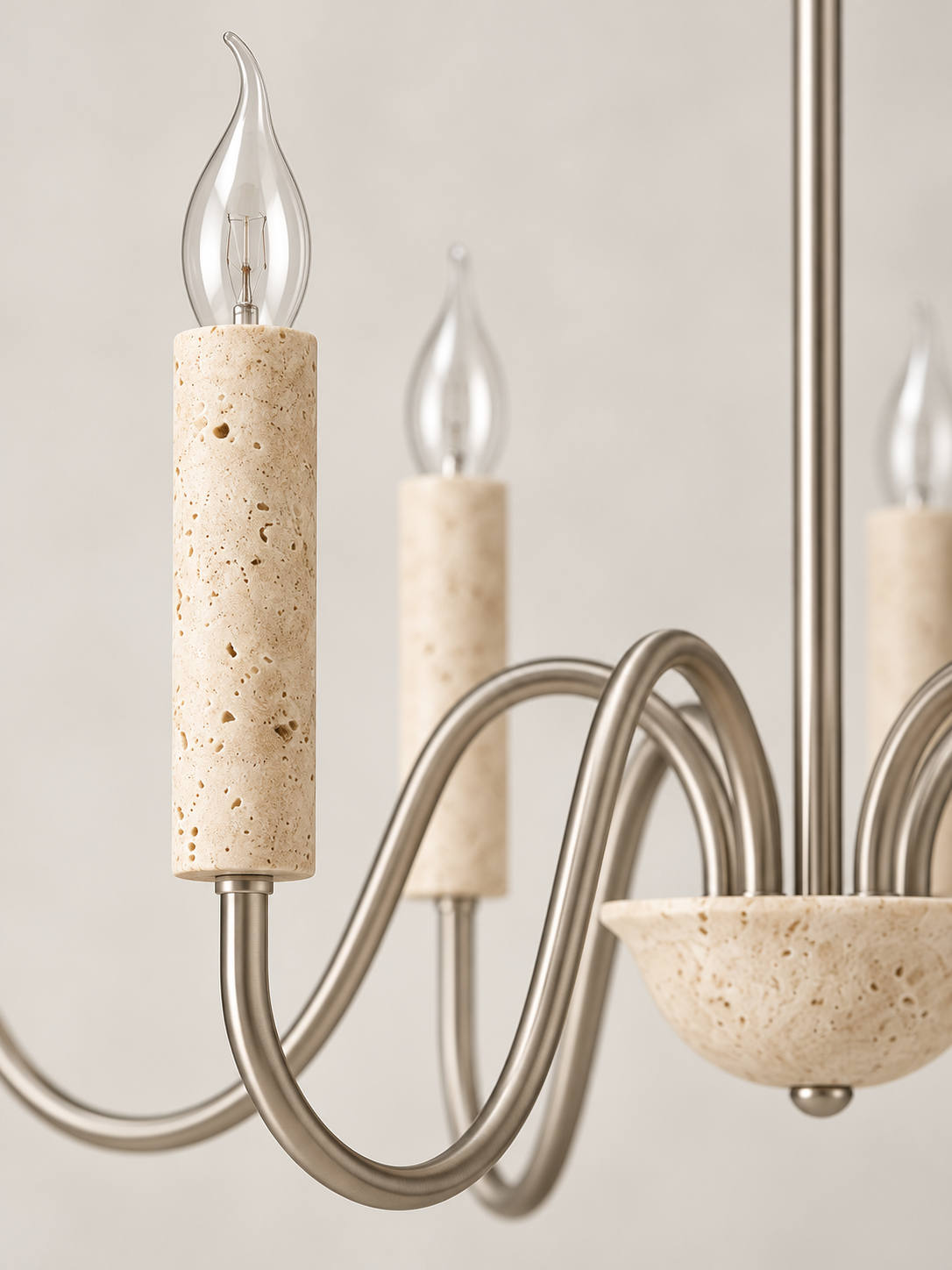 Travertine Candle Chandelier with Nickel-Finish Arms — dimensions and material detail