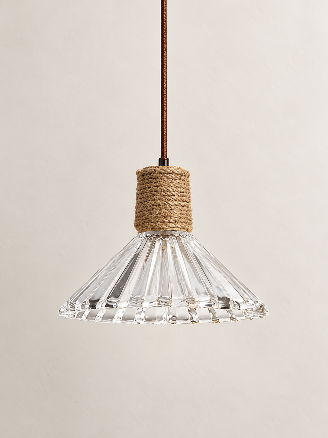Textured Glass and Rope Pendant Light — A — Conical / 1 Light