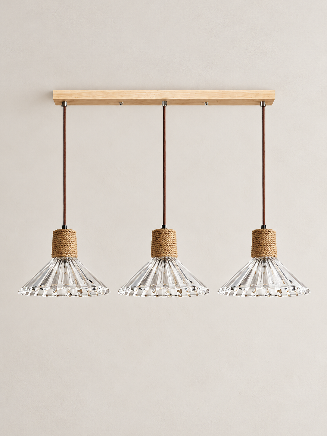 Textured Glass and Rope Pendant Light — A — Conical / 3 Lights