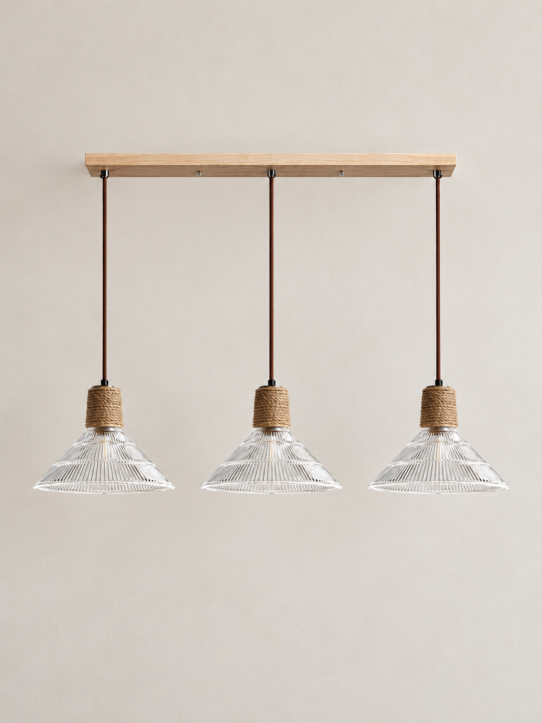 Textured Glass and Rope Pendant Light — B — Stepped / 3 Lights