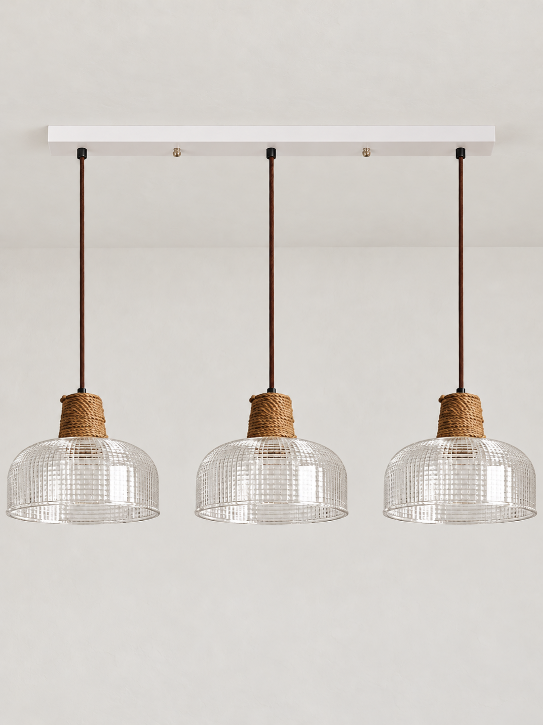 Textured Glass and Rope Pendant Light — D — Drum / 3 Lights