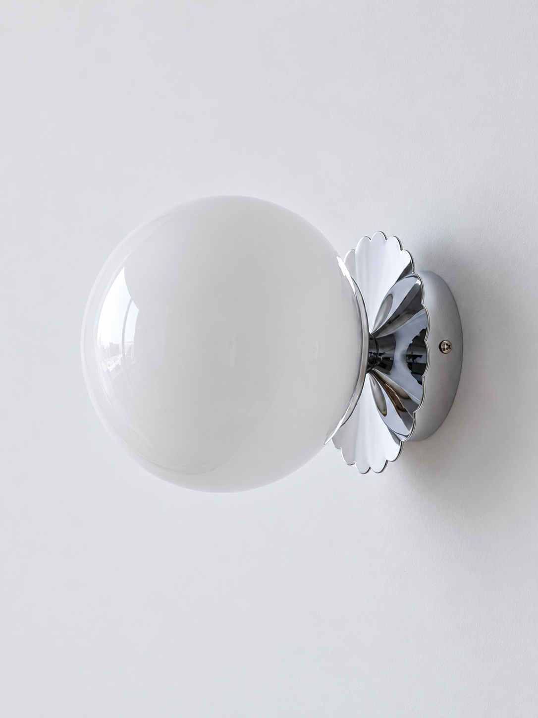 Scalloped-Mount Glass Globe Wall Sconce — Chrome / White — unlit product view