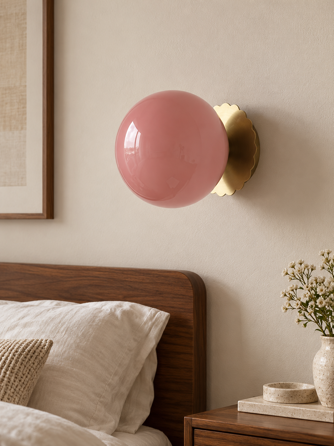 Scalloped-Mount Glass Globe Wall Sconce — Copper-Tone / Pink — unlit interior scene