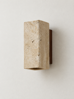 16 cm square travertine wall light with wood backplate, unlit