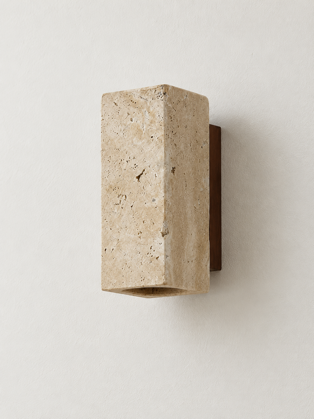 16 cm square travertine wall light with wood backplate, unlit