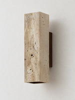 23 cm square travertine wall light with wood backplate, unlit
