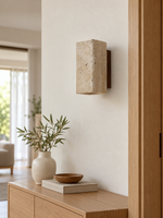 16 cm square travertine wall light in hallway